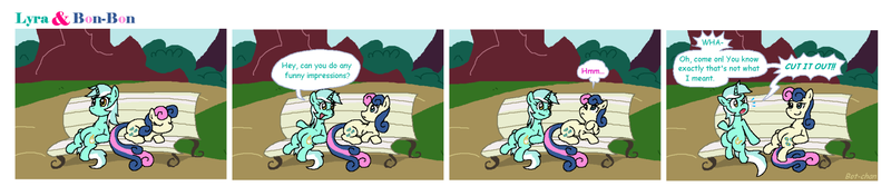 Size: 1681x369 | Tagged: safe, artist:botchan-mlp, derpibooru import, bon bon, lyra heartstrings, sweetie drops, earth pony, pony, unicorn, bench, comic, duo, lyra is not amused, sitting, sitting lyra