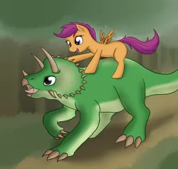 Size: 1000x949 | Tagged: safe, artist:mochasketch, derpibooru import, scootaloo, dinosaur, pegasus, pony, triceratops, female, filly, foal, ponies riding dinosaurs, riding
