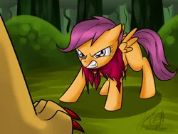 Size: 1024x768 | Tagged: angry, artist:cat-cly, badass, badass adorable, cute, derpibooru import, manny roar, manticore, safe, scootaloo