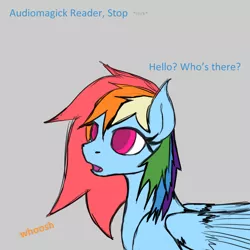 Size: 900x900 | Tagged: safe, derpibooru import, rainbow dash, pegasus, pony, askblinddash, dialogue, female, gray background, mare, open mouth, simple background