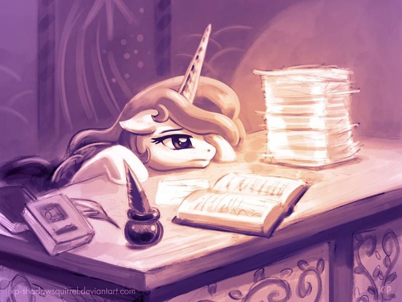 Size: 1000x750 | Tagged: safe, artist:kp-shadowsquirrel, derpibooru import, princess celestia, pony, female, mare, monochrome, paperwork, solo, tired