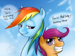 Size: 1024x768 | Tagged: artist:cat-cly, derpibooru import, duo, rainbow dash, safe, scootaloo, scootalove