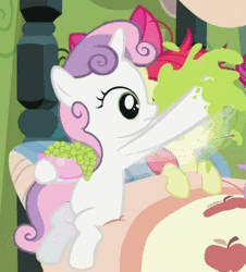 Size: 387x428 | Tagged: safe, derpibooru import, screencap, apple bloom, sweetie belle, earth pony, pony, unicorn, family appreciation day, season 2, animated, blinking, bowl, female, filly, food, gif, grapes, messy