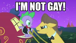 Size: 600x338 | Tagged: safe, derpibooru import, edit, edited screencap, screencap, caramel, spike, pony, the best night ever, apple carriage, bowtie, caption, carriage, clothes, duo, image macro, tuxedo