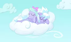 Size: 2500x1500 | Tagged: safe, artist:hunnel, derpibooru import, cloudchaser, flitter, pegasus, pony, bow, cloud, duo, duo female, eyes closed, female, floppy ears, hair bow, lying on top of someone, mare, prone, sky, sleeping, vector
