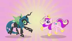 Size: 1200x675 | Tagged: safe, artist:pixelkitties, derpibooru import, princess cadance, queen chrysalis, alicorn, changeling, changeling queen, pony, cute, cutealis, cutedance, dancing, duo, fangs, female, image, looking at you, mare, open mouth, png, shadow, smiling