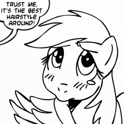 Size: 945x945 | Tagged: safe, artist:megasweet, derpibooru import, fluttershy, pegasus, pony, black and white, grayscale, monochrome, offscreen character, recolor, simple background, solo, speech bubble, toy, white background
