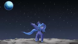 Size: 1024x576 | Tagged: safe, artist:jinzhan, derpibooru import, princess luna, alicorn, pony, earth, moon, planet, s1 luna, solo, space, stars