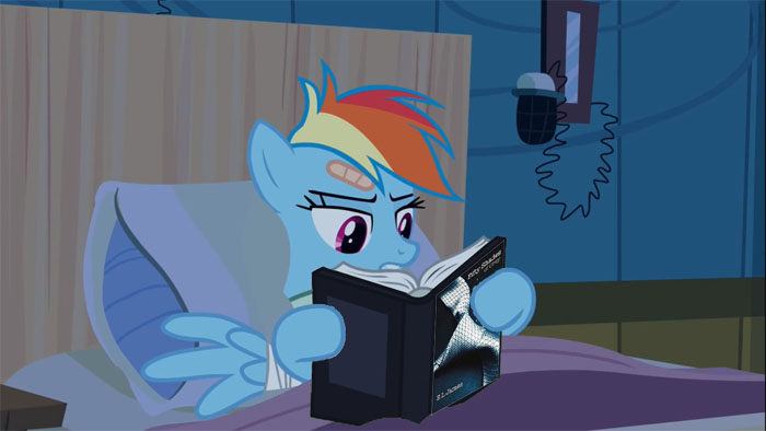 Size: 700x394 | Tagged: bed, book, derpibooru import, edit, edited screencap, fifty shades of grey, lying down, rainbow dash, reading, read it and weep, safe, screencap