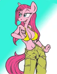 Size: 786x1017 | Tagged: anthro, artist:ruger181, artist:trollie trollenberg, belly button, bikini, bikini top, breasts, busty pinkie pie, clothes, colored, color edit, derpibooru import, edit, erect nipples, female, nipple outline, pants, pinkamena diane pie, pinkie pie, solo, solo female, suggestive, swimsuit, yellow swimsuit