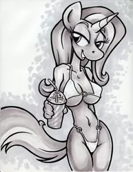 Size: 850x1100 | Tagged: anthro, artist:trollie trollenberg, belly button, bikini, breasts, busty trixie, clothes, curvy, derpibooru import, female, monochrome, solo, solo female, suggestive, swimsuit, trixie