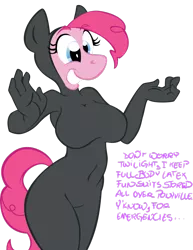 Size: 1024x1325 | Tagged: suggestive, artist:trollie trollenberg, derpibooru import, pinkie pie, anthro, breasts, busty pinkie pie, catsuit, curvy, female, image, png, solo, solo female