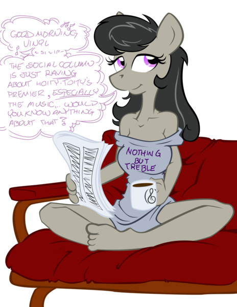 Size: 1024x1325 | Tagged: anthro, artist:trollie trollenberg, barefoot, breasts, coffee, derpibooru import, feet, female, newspaper, octavia melody, plantigrade anthro, solo, solo female, suggestive