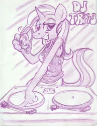 Size: 850x1100 | Tagged: anthro, artist:trollie trollenberg, derpibooru import, monochrome, safe, solo, traditional art, trixie, turntable