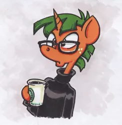 Size: 464x475 | Tagged: anthro, artist:trollie trollenberg, coffee, coffee cup, cup, derpibooru import, glasses, hipster, safe, snails, solo, traditional art