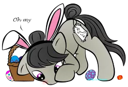 Size: 1892x1284 | Tagged: artist:zomgitsalaura, basket, blushing, bunny ears, cutie mark, derpibooru import, dialogue, easter, egg, octavia melody, safe, simple background, solo, transparent background