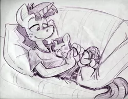 Size: 1100x850 | Tagged: anthro, artist:trollie trollenberg, couch, derpibooru import, father and daughter, monochrome, offspring, on back, parent:snails, safe, snails, traditional art