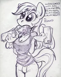 Size: 843x1061 | Tagged: adventures in ponyville, anthro, artist:trollie trollenberg, derp, derpibooru import, derpy hooves, mail, mail in every orifice, monochrome, safe, solo, traditional art
