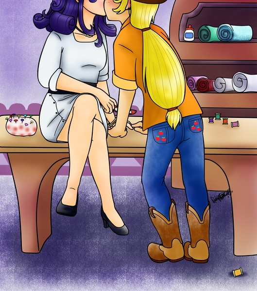 Size: 2347x2662 | Tagged: safe, artist:shiko-k, derpibooru import, applejack, rarity, applejack's hat, boots, cowboy boots, cowboy hat, female, hat, high res, humanized, kissing, lesbian, rarijack, shipping