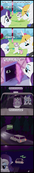 Size: 600x3000 | Tagged: semi-grimdark, artist:gavalanche, derpibooru import, prince blueblood, rarity, sweetie belle, pony, unicorn, rarity's little problem, car, comic, comic sans, female, filly, male, mare, part 1, some puerto rican colt, stallion, sweetiebuse