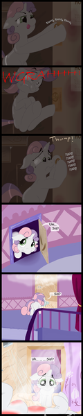 Size: 600x3000 | Tagged: semi-grimdark, artist:gavalanche, derpibooru import, sweetie belle, pony, unicorn, rarity's little problem, comic, comic sans, female, filly, mare, on back