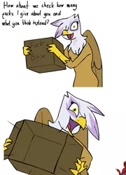 Size: 1316x1828 | Tagged: safe, derpibooru import, gilda, gryphon, bipedal, cardboard box, comic, duo, female, fuck box, image, no fucks, open mouth, png, simple background, spider-man, vulgar, white background