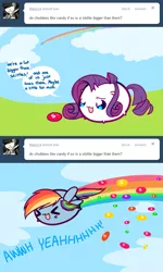 Size: 585x978 | Tagged: ask my little chubbies, candy, chubbie, derpibooru import, duo, flying, food, rainbow dash, rainbow trail, rarity, safe, skittles