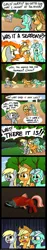 Size: 600x3183 | Tagged: safe, artist:zicygomar, derpibooru import, applejack, derpy hooves, lyra heartstrings, pegasus, pony, sea pony, collision, comic, dark background, derp, dialogue, female, horrified, mare, not salmon, reverse merpony, salmon yet not salmon, scarred for life, sweat, teary eyes, that's totally a salmon, wat