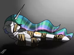 Size: 900x675 | Tagged: artist:kyroking, bondage, bound wings, collar, derpibooru import, female, gag, imminent rape, muzzle gag, princess celestia, solo, solo female, suggestive