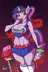 Size: 791x1189 | Tagged: suggestive, artist:jaeh, artist:lionalliance, derpibooru import, spike, twilight sparkle, anthro, alternate hairstyle, belly button, blood, breasts, busty twilight sparkle, candy, chainsaw, cheerleader, cheerleader sparkle, cleavage, clothes, disembodied head, female, food, hilarious in hindsight, juliet starling, licking, lollipop, lollipop chainsaw, midriff, muscles, nick carlyle, skirt, tongue out, voice actor joke, wide hips