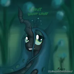 Size: 1500x1500 | Tagged: safe, artist:srmario, derpibooru import, queen chrysalis, changeling, changeling queen, bust, deviantart link, dialogue, female, image, lidded eyes, png, sad, signature, solo