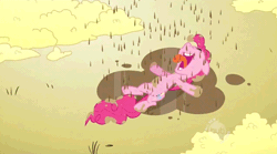 Size: 510x284 | Tagged: safe, derpibooru import, screencap, pinkie pie, earth pony, pony, the return of harmony, animated, chocolate rain, female, food, hub logo, mare, on back, open mouth, popcorn, solo, tongue out