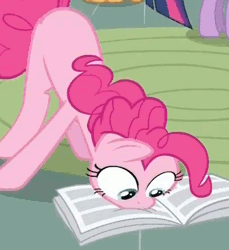 Size: 449x491 | Tagged: safe, derpibooru import, screencap, pinkie pie, twilight sparkle, ponyville confidential, animated, cropped, female, gif, image, loop, offscreen character, reading, solo focus