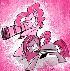 Size: 886x900 | Tagged: artist:coin-trip39, cannon, cleaver, derpibooru import, duality, fight, knife, pinkamena diane pie, pinkie pie, safe, weapon