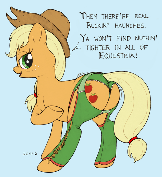 Size: 646x706 | Tagged: applejack, artist:ecmajor, chaps, clothes, colored, color edit, derpibooru import, edit, female, plot, questionable, solo, solo female, stockings