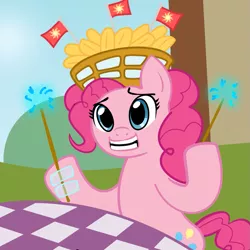 Size: 907x907 | Tagged: safe, artist:megasweet, derpibooru import, pinkie pie, earth pony, pony, basket, bipedal, crossover, flag, food, moe syzlak, solo, sparkler (firework), the simpsons