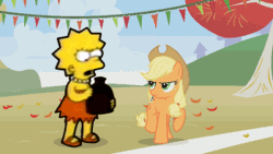Size: 350x197 | Tagged: safe, derpibooru import, edit, edited screencap, screencap, applejack, earth pony, pony, animated, crossover, female, frown, glare, jug, lisa simpson, mare, open mouth, prancing, raised hoof, raised leg, the simpsons, trotting, trotting in place