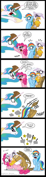 Size: 600x2276 | Tagged: safe, artist:niban-destikim, derpibooru import, gilda, pinkie pie, princess celestia, rainbow dash, gryphon, abuse, comic, paper bag, parody, pinkiebuse, spongebob squarepants, the spongebob squarepants movie