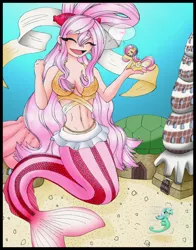 Size: 786x1005 | Tagged: artist:entropy-zeta, belly button, derpibooru import, fluttershy, lyra heartstrings, mermaid, midriff, one piece, princess shirahoshi, safe, seahorse, sea pony