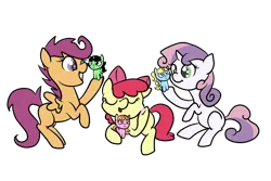 Size: 1200x800 | Tagged: apple bloom, artist:otterlore, cutie mark crusaders, derpibooru import, ponified, safe, scootaloo, simple background, sweetie belle, the powerpuff girls, toy, transparent background