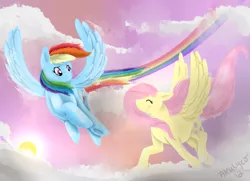 Size: 979x710 | Tagged: safe, artist:aleuwolfess, derpibooru import, fluttershy, rainbow dash, pegasus, pony, duo, female, flying, looking at each other, mare, palindrome get, sky, smiling, spread wings, windswept mane, wings