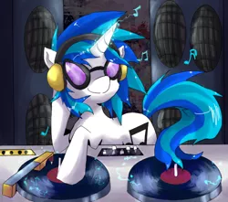Size: 554x490 | Tagged: safe, artist:cheerubi, derpibooru import, vinyl scratch, pony, unicorn, cutie mark, electricity, female, headphones, horn, mixing console, music notes, record scrape, smiling, solo, speakers, sunglasses, turntable