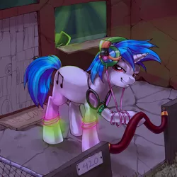 Size: 900x900 | Tagged: safe, artist:zanthu, derpibooru import, vinyl scratch, pony, unicorn, 420, glowstick, headphones, solo