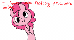 Size: 500x270 | Tagged: safe, artist:briskby, derpibooru import, pinkie pie, earth pony, pony, animated, derp, dialogue, gif, i have done nothing productive all day, simple background, solo, white background