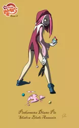 Size: 870x1404 | Tagged: artist:didj, assassin, broken mask, clothes, costume, derpibooru import, fanfic:cupcakes, fantasy class, humanized, mask, my little mages, pinkamena diane pie, pinkie pie, safe, skinny, weapon