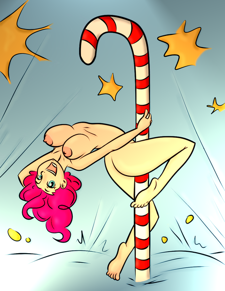 Size: 1041x1347 | Tagged: questionable, artist:megasweet, artist:trelwin, derpibooru import, pinkie pie, armpits, breasts, busty pinkie pie, candy cane, female, humanized, image, nipples, nudity, png, stripper, stripper pole, stupid sexy pinkie