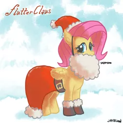 Size: 800x800 | Tagged: artist:docwario, christmas, clothes, costume, derpibooru import, fake beard, fluttershy, hat, safe, santa beard, santa hat, snow, solo