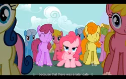 Size: 1024x640 | Tagged: berry punch, berryshine, bon bon, carrot top, cherry berry, daisy, derpibooru import, flower wishes, golden harvest, lidded eyes, linky, pinkie pie, safe, screencap, shoeshine, sweetie drops, the last roundup