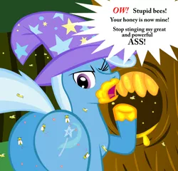 Size: 1078x1034 | Tagged: bee, bee fetish, derpibooru import, honey, literal butthurt, plot, stupidity, suggestive, the great and powerful ass, too dumb to live, trixie, vulgar