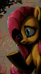 Size: 3850x7000 | Tagged: safe, artist:docwario, derpibooru import, fluttershy, pony, robot, bust, female, holding, looking at something, mare, open mouth, raised hoof, solo, three quarter view